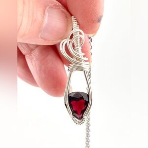 HANDMADE Faceted Garnet Silver-Filled Wire Wrapped Pendant Necklace, Artisan